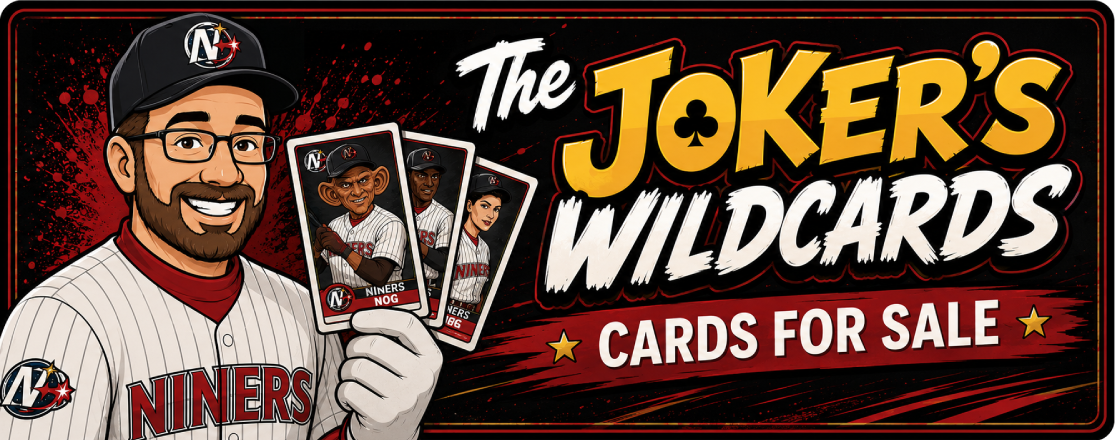 The Joker dressed as a Niner from Deep Space Nine holding three baseball cards. Text reads 'Cards for Sale'.